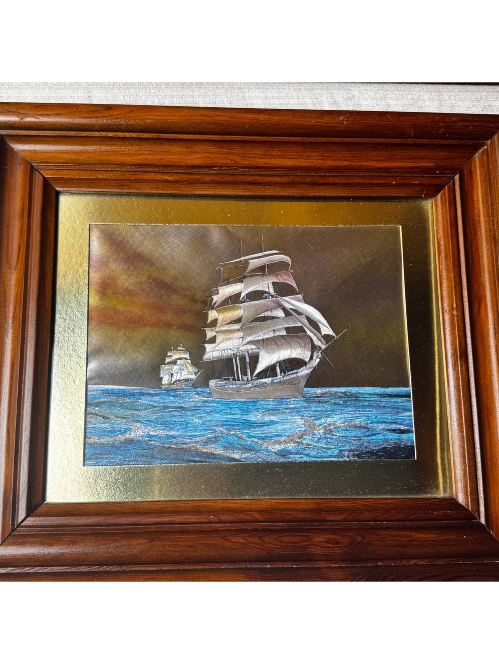 Vintage Framed Foil Art Sailing Ship Nautical Wall Decor 14 x 12 Inch Wood Frame - Picture 5 of 8
